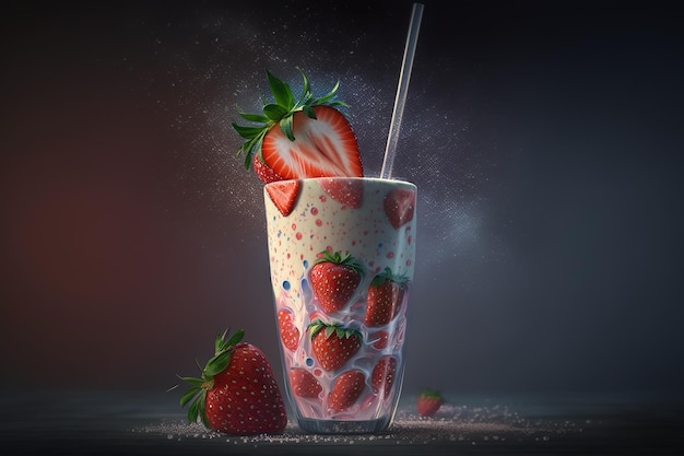 A glass of milkshake with a strawberry on the top.