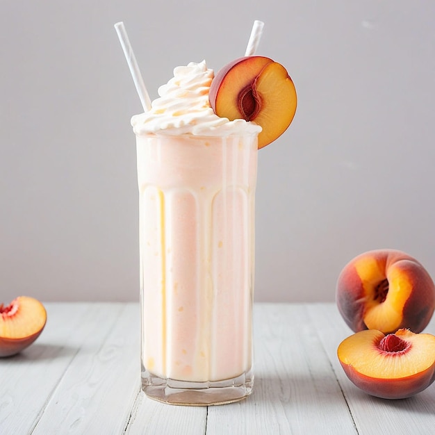 a glass of milkshake with three peaches and a strawberries in the middle