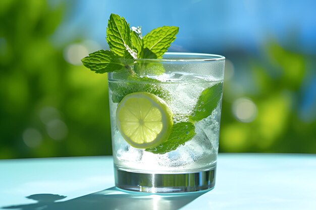 A glass of mint julep with a lime slice on the rim