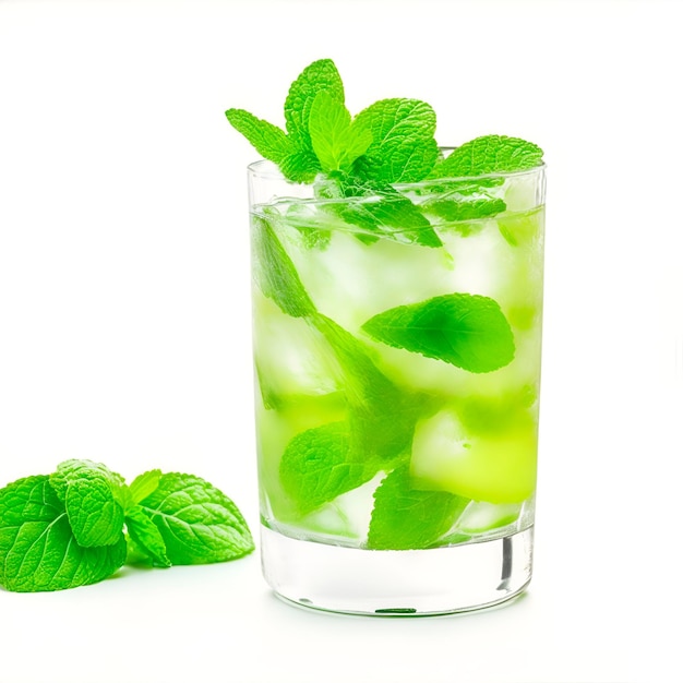 A glass of mojito cocktail on a white background with copy space