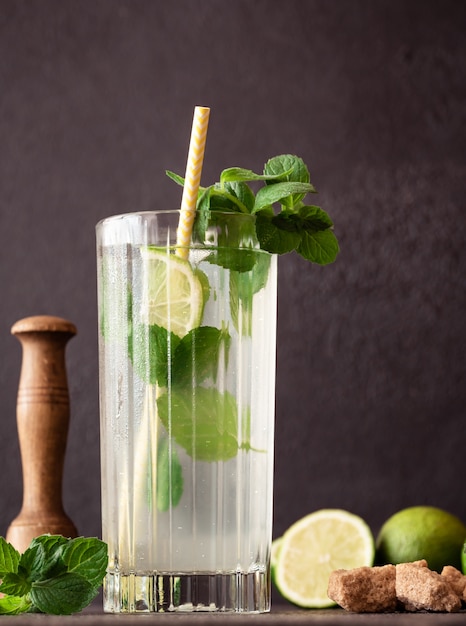 Glass of mojito cocktail with ingredients on dark surface