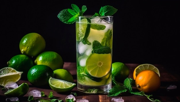 A glass of mojito and lemon Table fruit professional background