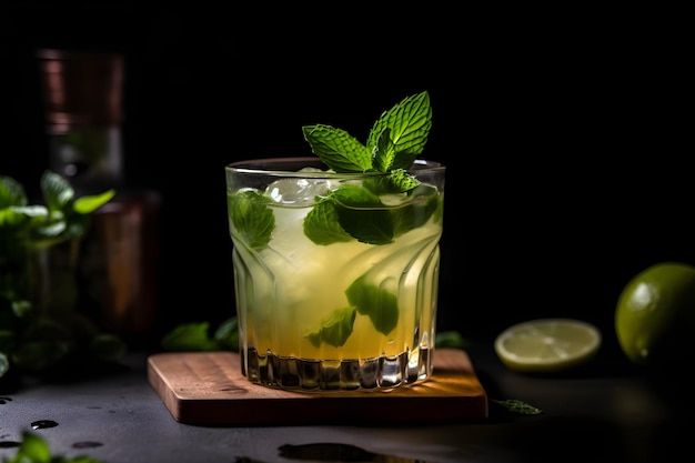 A glass of mojito with a lime on the rim sits on a wooden coaster.