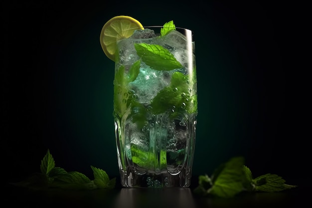 A glass of mojito with a lime wedge on the rim