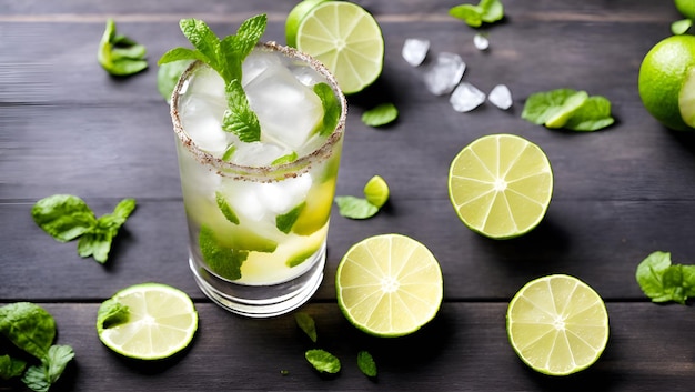 A glass of mojito with limes on a dark wooden table.