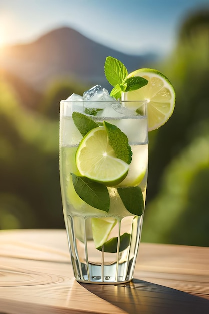 A glass of mojito with limes and limes on a wooden table