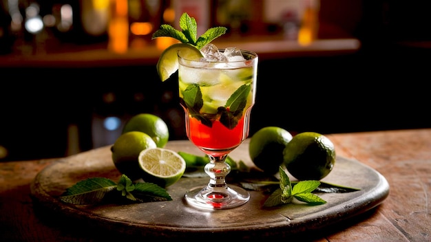 A glass of Mojito with limes and mint leaves