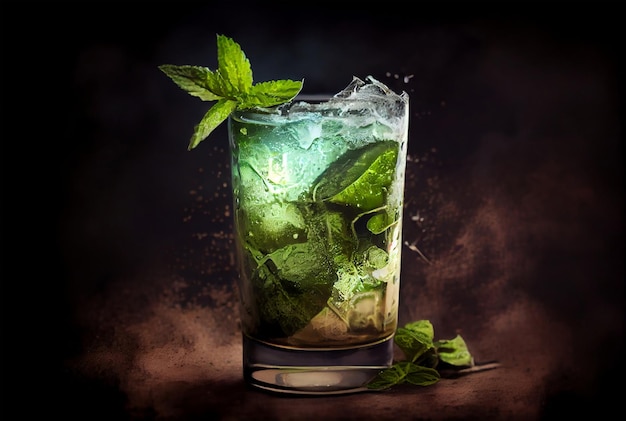 A glass of mojito with mint leaves and a splash of water on a dark background.