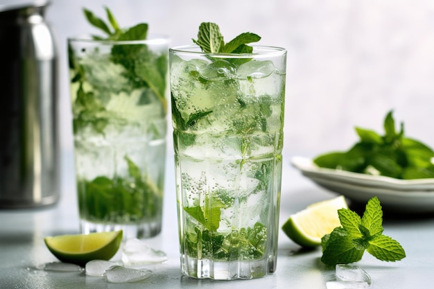 A glass of mojito with mint on the side