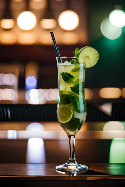 A glass of mojito with a straw on the bar