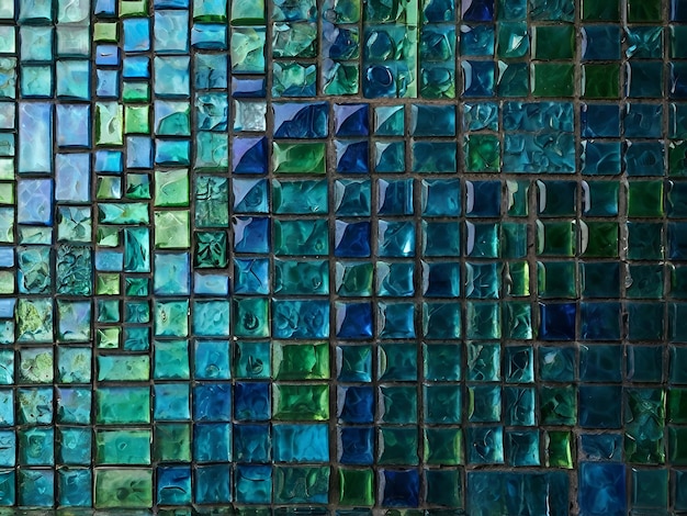 Photo a glass mosaic wall with small reflective tiles in shades of blue and green