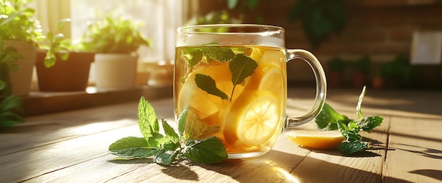 Photo a glass mug filled with refreshing iced tea lemon slices and mint leaves on a wooden table in the sunlight