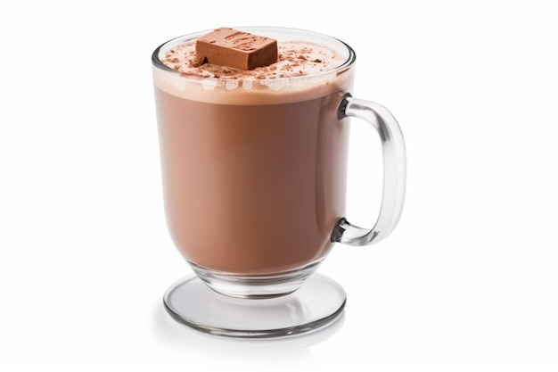 Glass mug of hot chocolate drink isolated on white background with clipping path