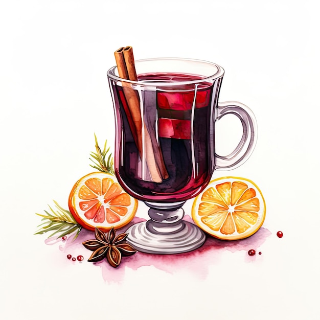 Glass mug hot winter drink watercolor illustration mulled wine