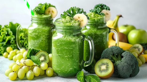 Glass mug with green health smoothie kale leaves lime apple kiwi grapes banana lettuce