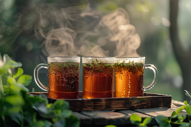 Glass Mugs Trio Brimming with Tea