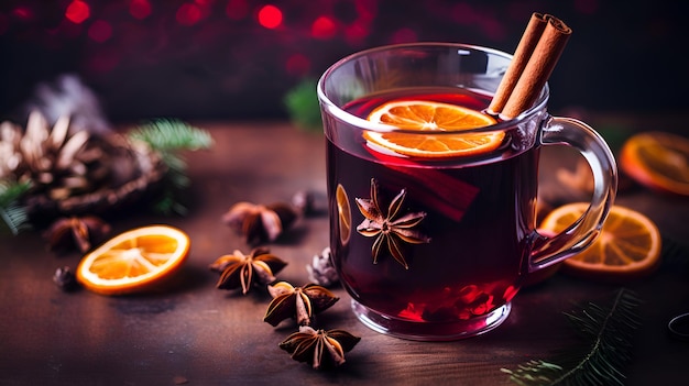 Glass of mulled wine on maroon background with copy space Warming red wine drink Glass of hot red wine cocktail with spices orange slice cinnamon stick and anise stars Mulled wine background