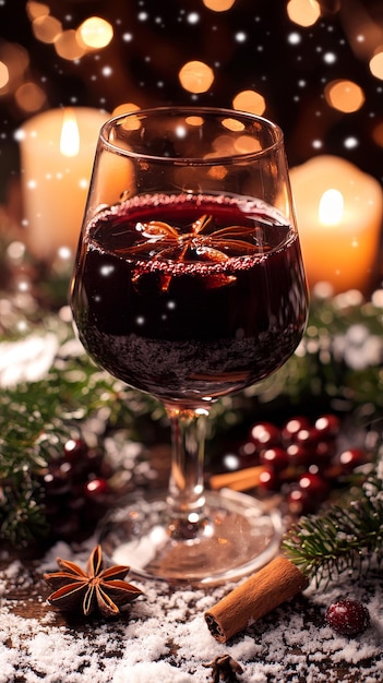 Glass of Mulled Wine with Star Anise and Cinnamon Stick on Snowy Table with Candlelight