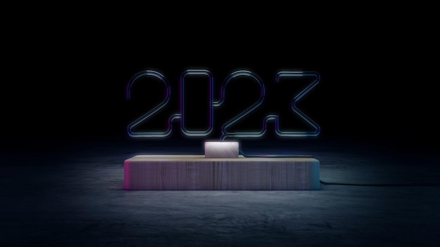 Glass Neon Light of 2023 Symbol on wooden stage 3d rendering