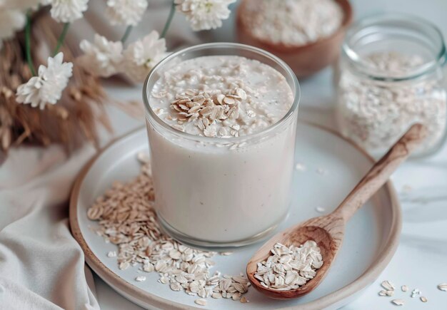 a glass of oatmeal sits on a table with a spoon and oatmeal