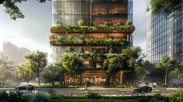 Glass Office Building with Trees Heat and Green Corporate Environment