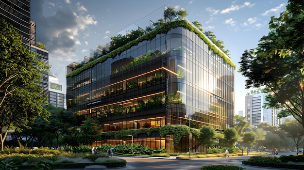 Glass Office Building with Trees Heat and Green Corporate Environment