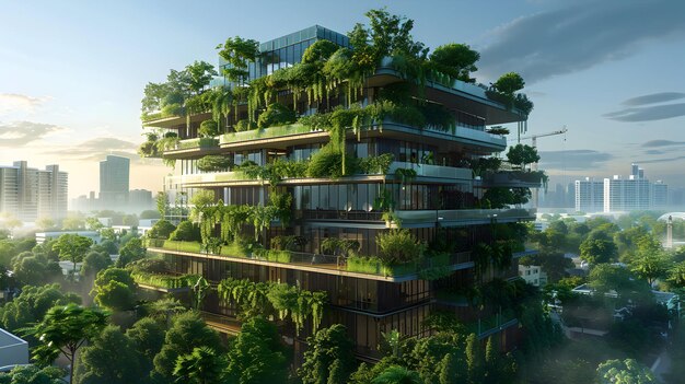 Glass Office Building with Trees Heat and Green Corporate Environment