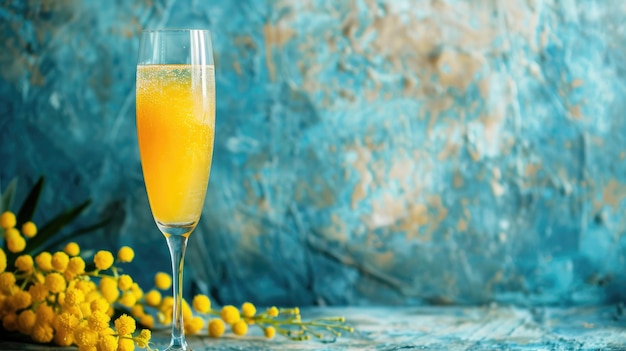 Photo glass of orange bubbly beverage with yellow flowers on textured blue background