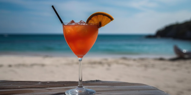 A glass of orange cocktail on a table at the beach