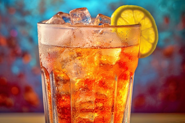 A glass of orange cocktail with ice and a slice of lemon on the top.