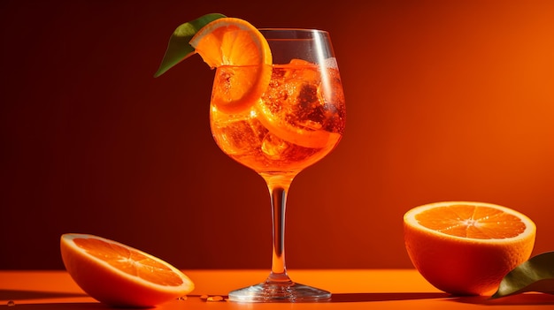 A glass of orange cocktail with a leaf on it