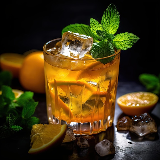 A glass of orange cocktail with a mint leaf on the rim