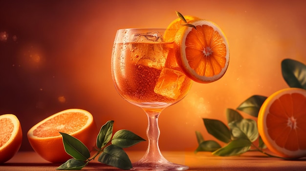 A glass of orange cocktail with an orange background and a splash of liquid