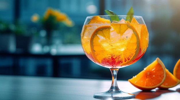 A glass of orange cocktail with a slice of orange on the side