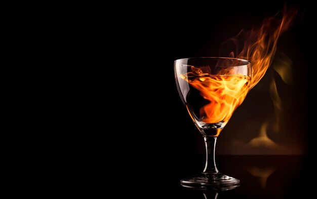 A glass of orange fire is set on a black background.