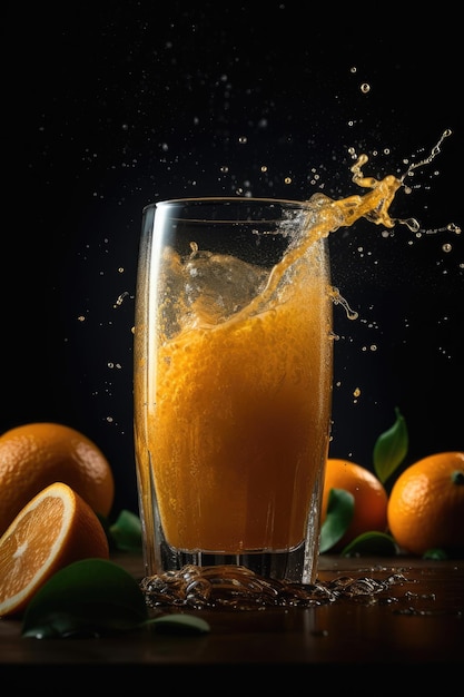 Glass of orange juice on black background Generative AI