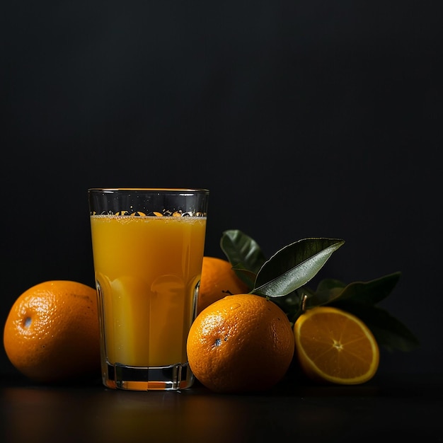 A glass of orange juice on black background with oranges