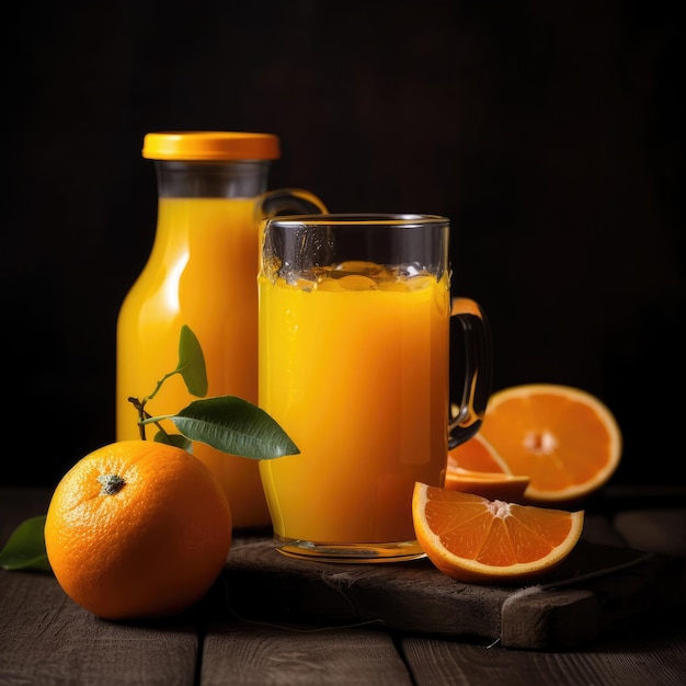 A glass of orange juice and a bottle of orange juice are on a table.