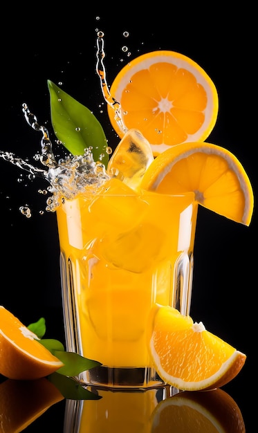 Glass of orange juice and fresh oranges on a black background