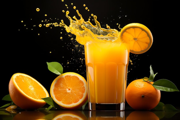 Glass of orange juice and fresh oranges on a black background