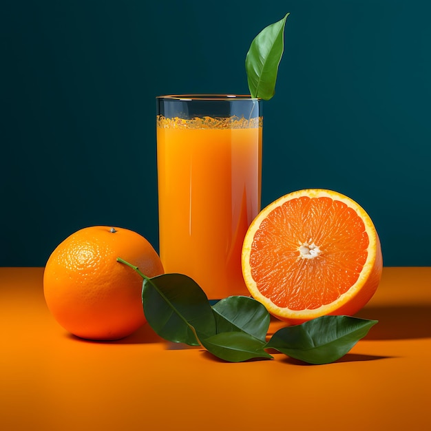 Glass of orange juice and fresh oranges