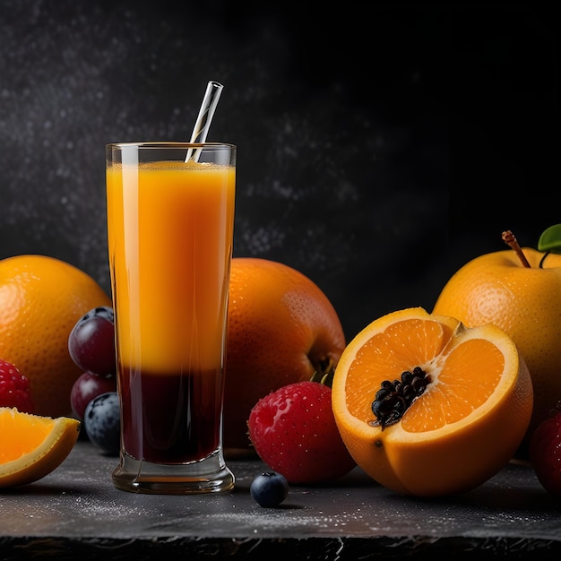 a glass of orange juice next to a glass of juice and fruit