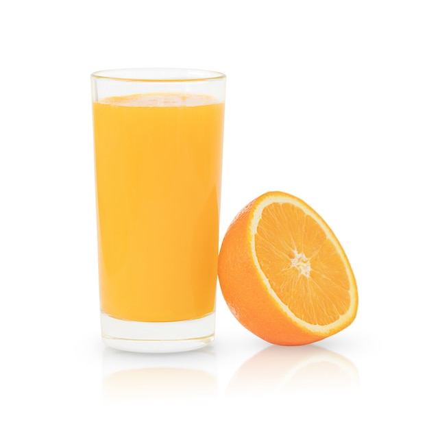 The glass of orange juice and half of orange isolated