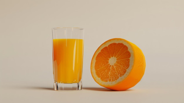 a glass of orange juice next to a half orange