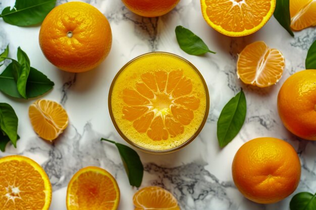 Glass of orange juice is surrounded by sliced oranges