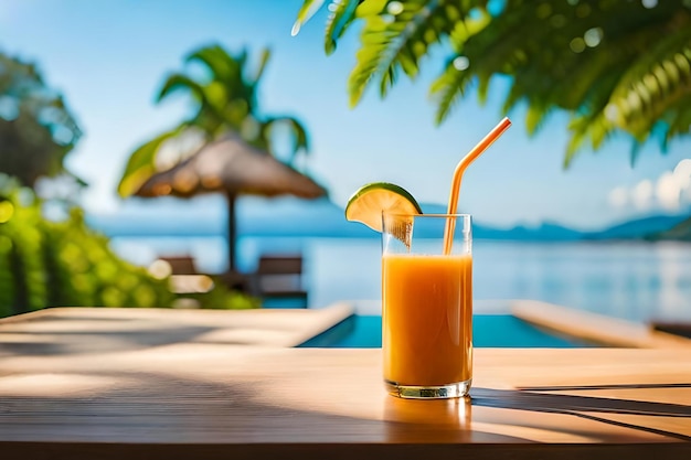 A glass of orange juice is on a table next to a pool.