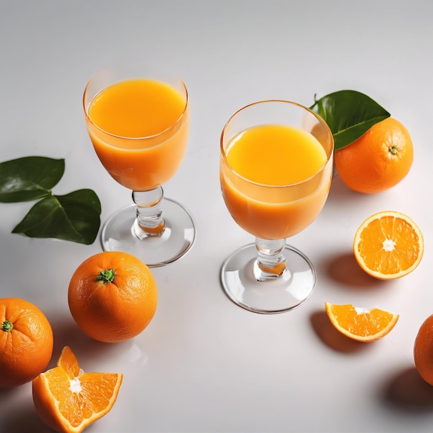 a glass of orange juice is next to two glasses of orange juice