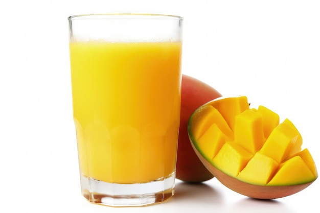 A glass of orange juice next to a mango generative AI