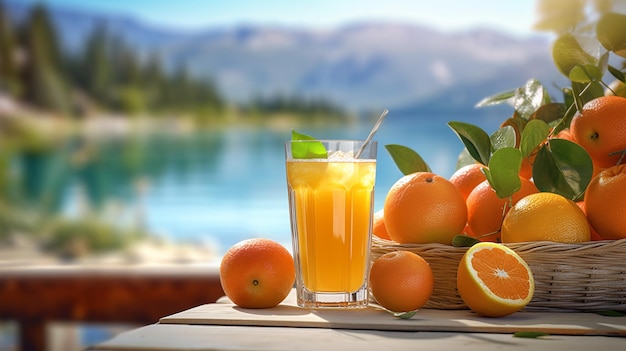 A glass of orange juice on nature background vacation relaxation concept copy space Generated AI