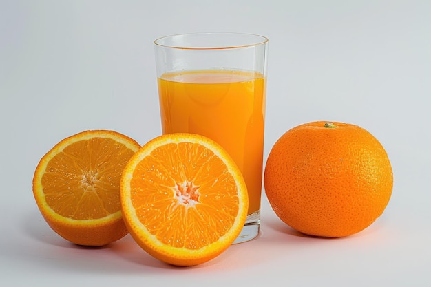 glass of orange juice and orange isolated white background